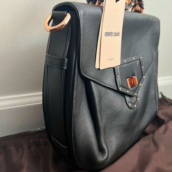 Roberto Cavalli Medium Black Leather Handbag NWT $1495 - Picture 5 of 14